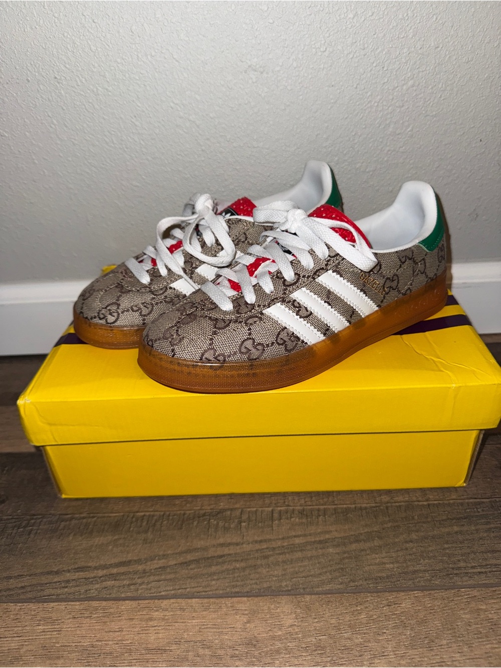 Gucci x Adidas Brown Monogram Sneakers with White Stripes